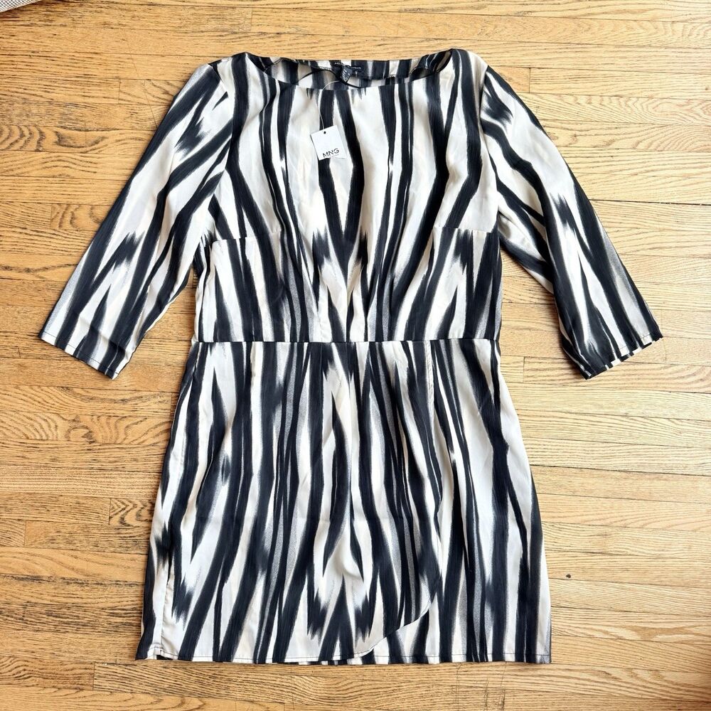 MNG Mango Faux Wrap Shirt Dress Womens Large Black Cream Office Career Modern - Picture 2 of 8